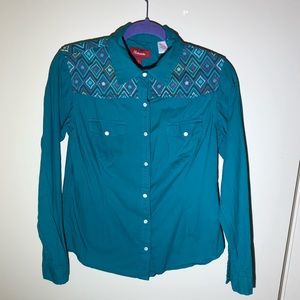 Turquoise Western embroidery long sleeve top
